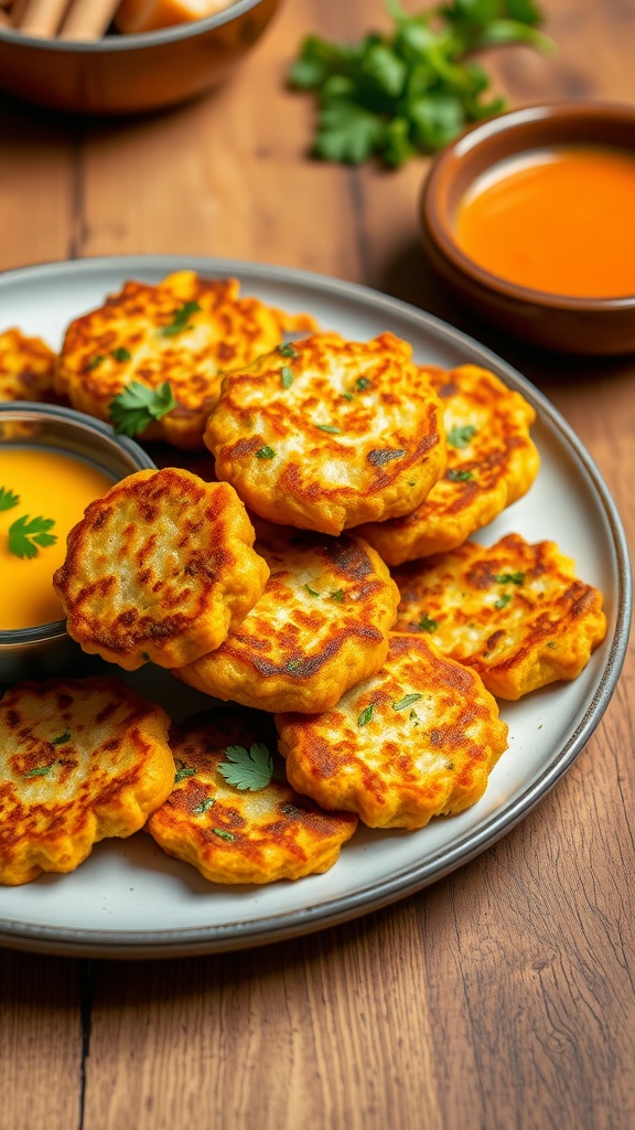Golden crispy vegetable fritters on a plate with parsley and dipping sauce.